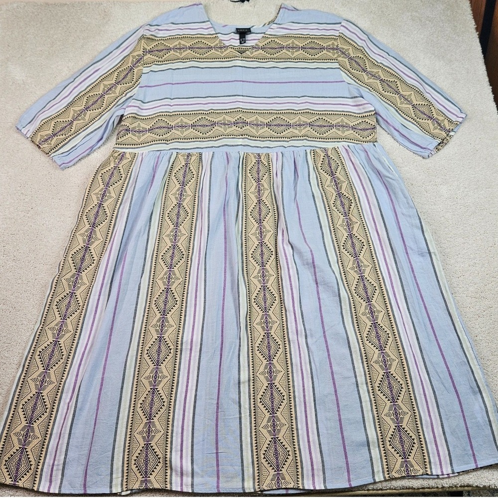 Ulla Popken 16/18 Boho Geometric Stripe Midi Dress Plus Size Folk Artsy Pockets